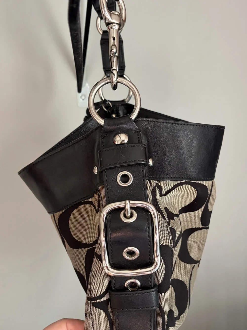 Coach Large Signature Canvas & Black Leather Hobo